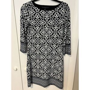 White House Black‎ Market Womens Black Damask Long Sleeves Shift Dress Size XS